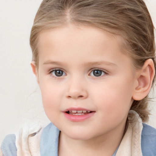 Joyful white child female with medium  brown hair and blue eyes