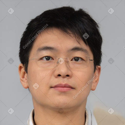 Neutral asian adult male with short  brown hair and brown eyes