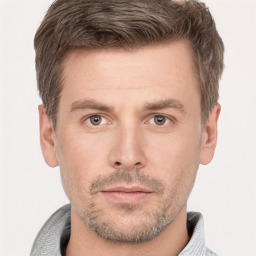 Neutral white adult male with short  brown hair and brown eyes