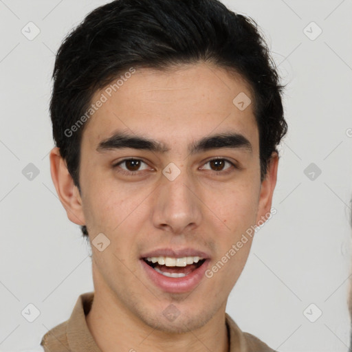 Joyful latino young-adult male with short  brown hair and brown eyes