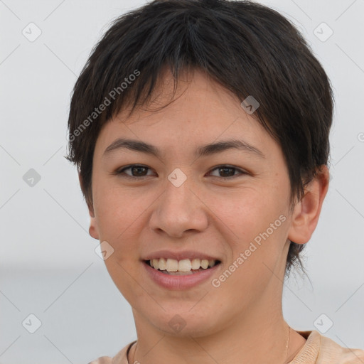 Joyful white young-adult female with short  brown hair and brown eyes