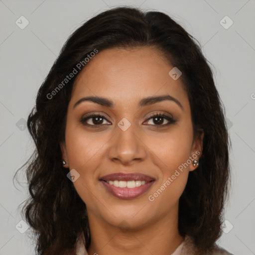 Joyful latino young-adult female with medium  brown hair and brown eyes