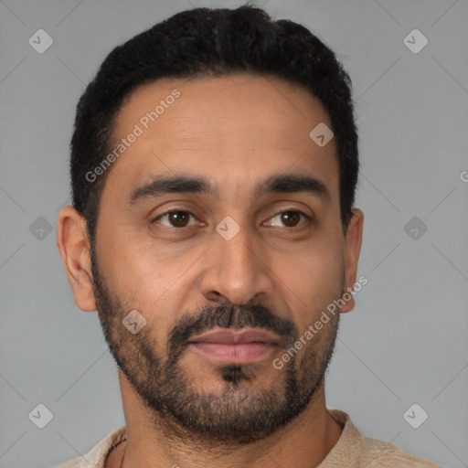 Neutral latino young-adult male with short  black hair and brown eyes