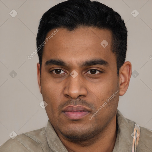 Neutral latino young-adult male with short  black hair and brown eyes