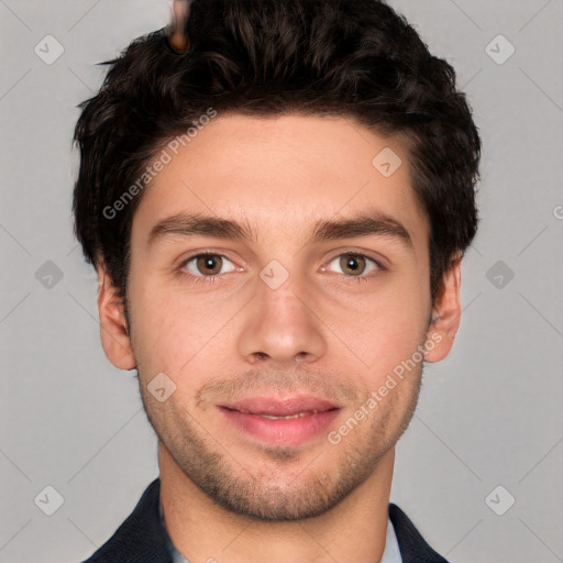 Joyful white young-adult male with short  black hair and brown eyes