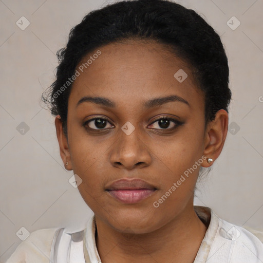 Neutral black young-adult female with short  black hair and brown eyes