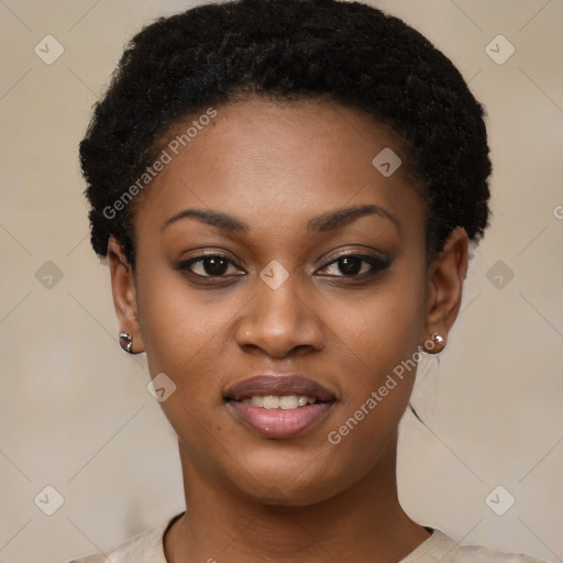 Joyful black young-adult female with short  black hair and brown eyes