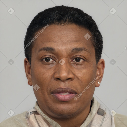 Joyful black adult male with short  black hair and brown eyes