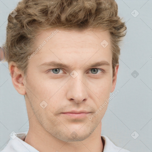 Neutral white young-adult male with short  brown hair and grey eyes