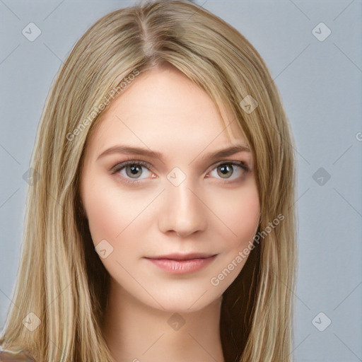 Neutral white young-adult female with long  brown hair and brown eyes