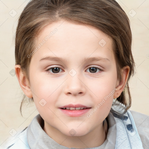 Joyful white child female with medium  brown hair and brown eyes