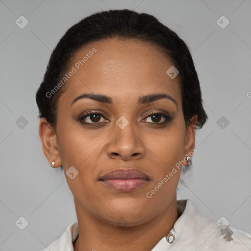 Joyful latino young-adult female with short  brown hair and brown eyes