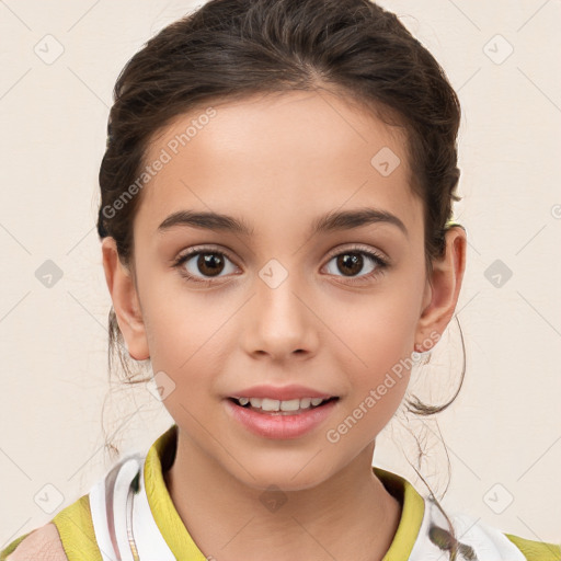 Joyful white child female with medium  brown hair and brown eyes