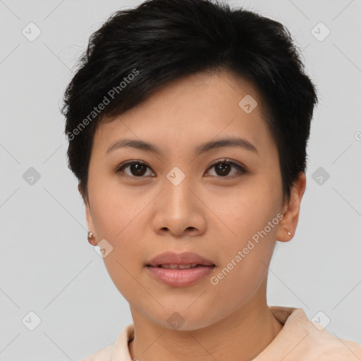 Neutral asian young-adult female with short  brown hair and brown eyes