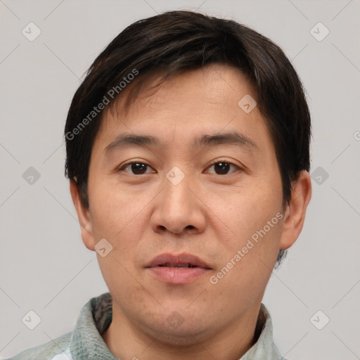 Neutral asian adult male with short  brown hair and brown eyes