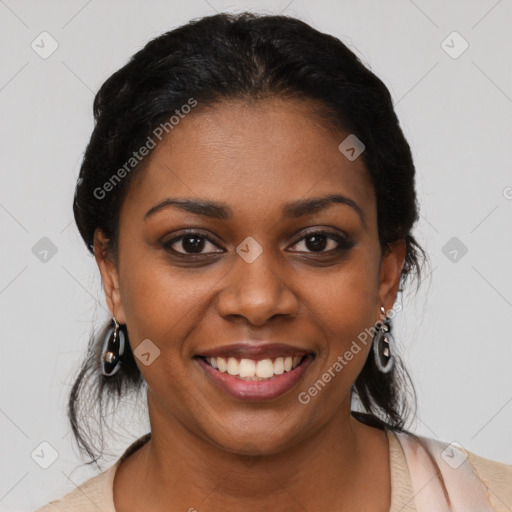 Joyful black young-adult female with medium  black hair and brown eyes