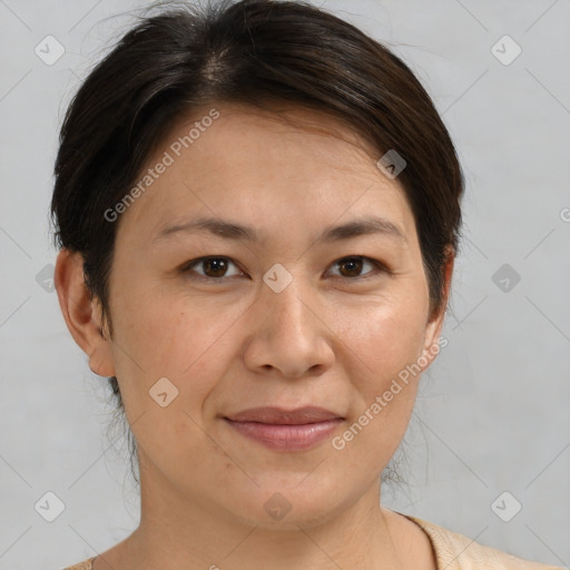 Joyful white adult female with medium  brown hair and brown eyes