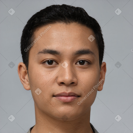 Neutral latino young-adult male with short  black hair and brown eyes