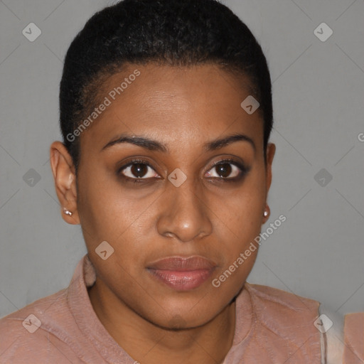 Joyful black young-adult female with short  brown hair and brown eyes