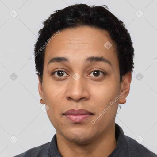 Neutral latino adult male with short  black hair and brown eyes