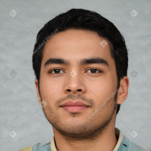 Neutral latino young-adult male with short  black hair and brown eyes