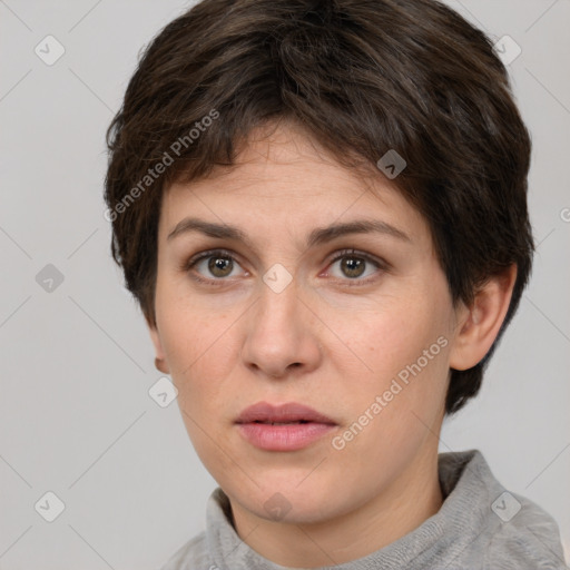 Neutral white young-adult female with short  brown hair and grey eyes