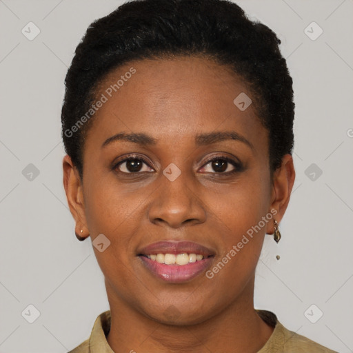Joyful black young-adult female with short  brown hair and brown eyes
