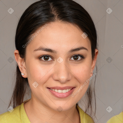 Joyful white young-adult female with medium  brown hair and brown eyes