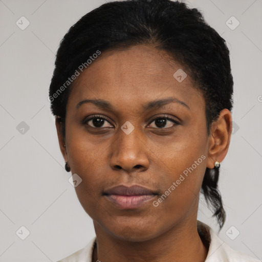 Neutral black young-adult female with short  black hair and brown eyes