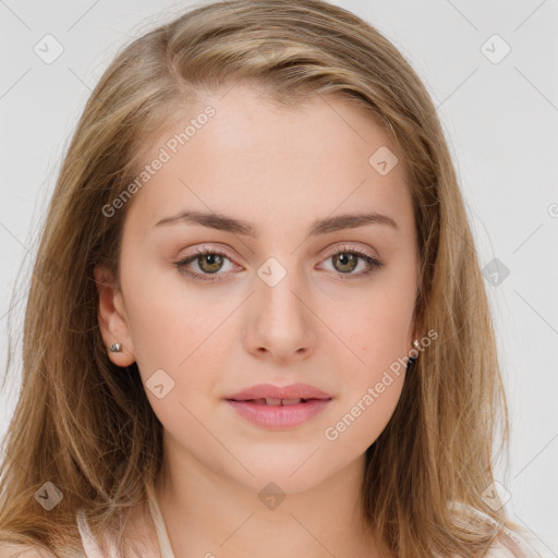 Neutral white young-adult female with long  brown hair and brown eyes