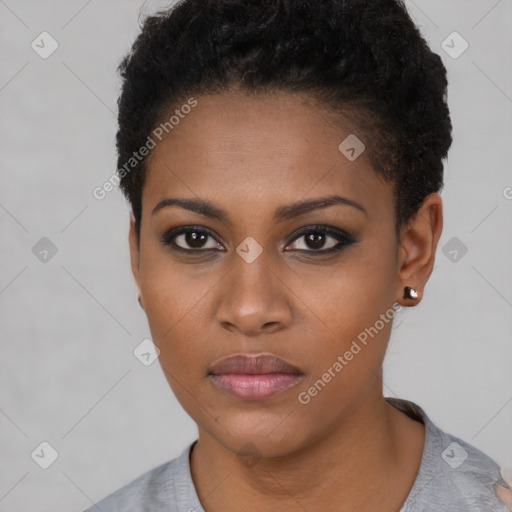 Neutral black young-adult female with short  black hair and brown eyes