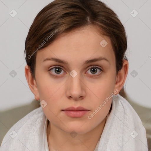 Neutral white young-adult female with short  brown hair and brown eyes