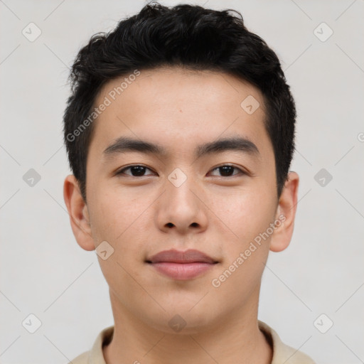 Neutral asian young-adult male with short  brown hair and brown eyes