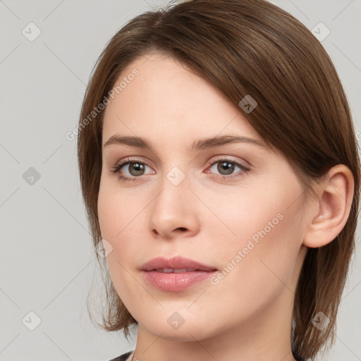 Neutral white young-adult female with medium  brown hair and grey eyes