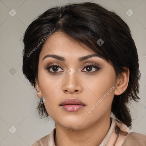 Neutral asian young-adult female with medium  brown hair and brown eyes