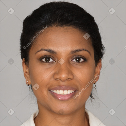 Joyful black young-adult female with medium  brown hair and brown eyes