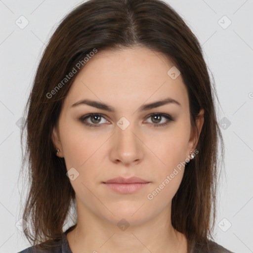 Neutral white young-adult female with medium  brown hair and brown eyes