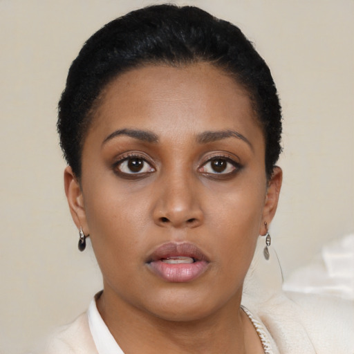 Neutral black young-adult female with short  black hair and brown eyes