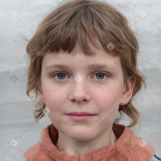 Neutral white child female with medium  brown hair and blue eyes