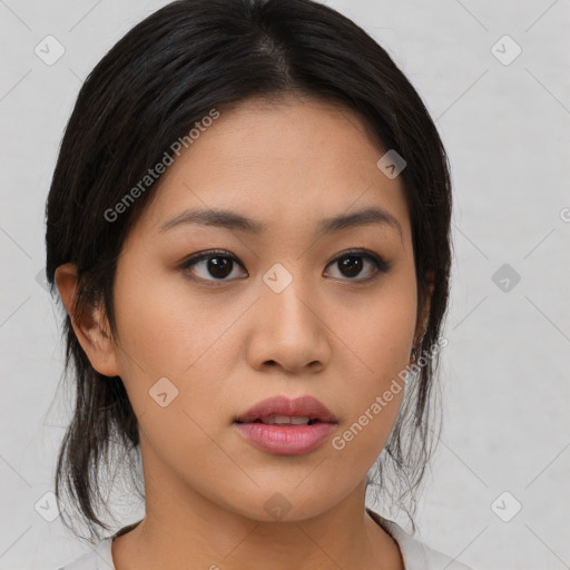 Neutral asian young-adult female with medium  black hair and brown eyes