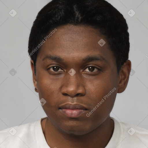Neutral black young-adult male with short  black hair and brown eyes