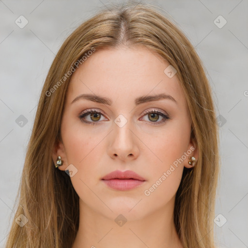 Neutral white young-adult female with long  brown hair and brown eyes