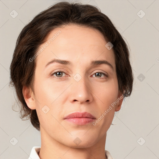 Neutral white adult female with short  brown hair and brown eyes