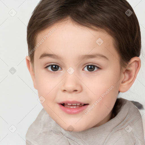 Joyful white child female with short  brown hair and brown eyes