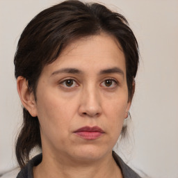 Neutral white adult female with medium  brown hair and brown eyes