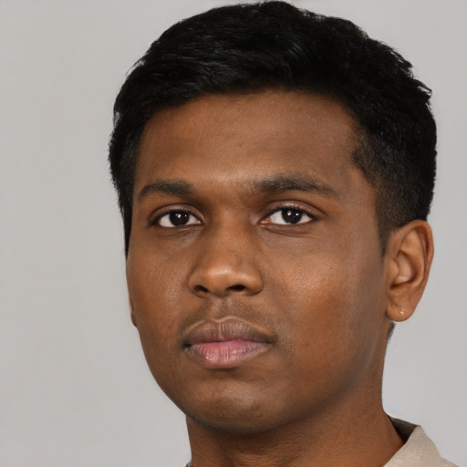 Neutral black young-adult male with short  black hair and brown eyes