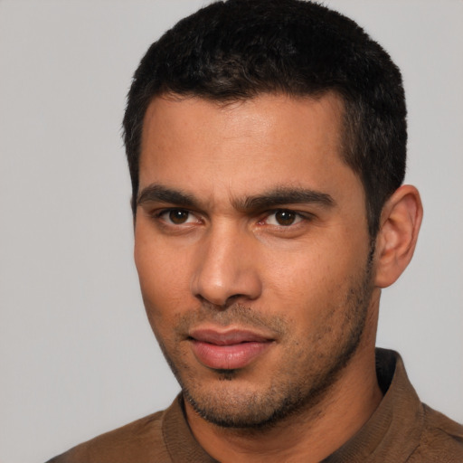 Neutral white young-adult male with short  black hair and brown eyes
