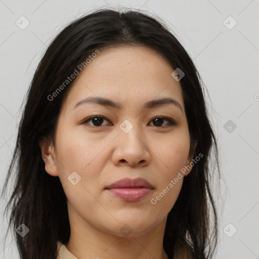 Joyful asian young-adult female with medium  brown hair and brown eyes