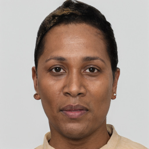 Neutral black adult female with short  black hair and brown eyes
