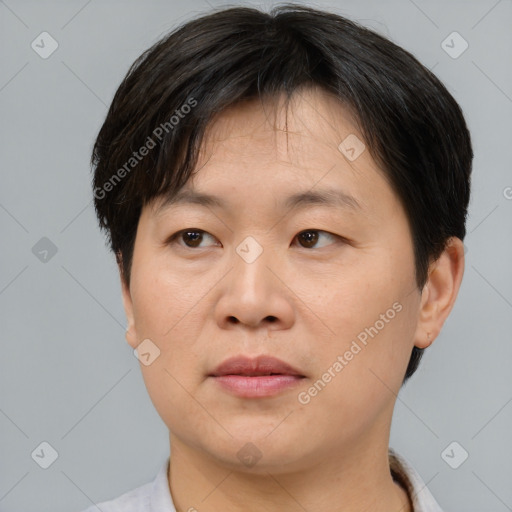 Joyful asian adult female with short  brown hair and brown eyes